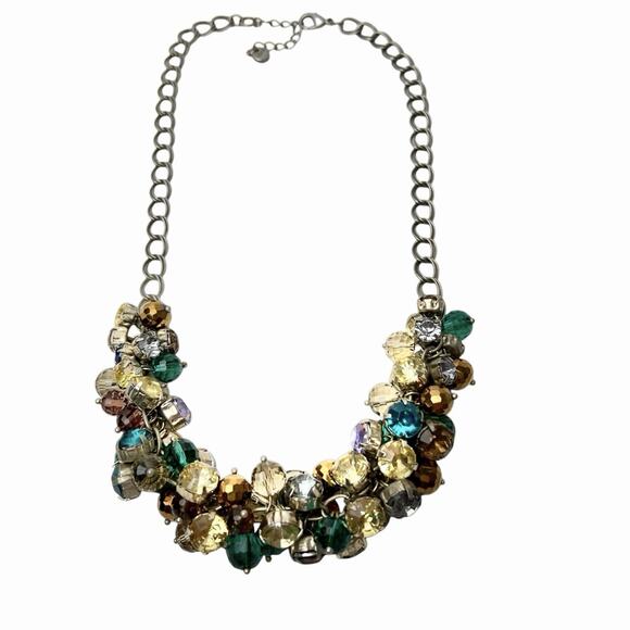 Loft Cha Cha Necklace Faceted Cluster Beads Colorful Layered Silver Tone Chain - Picture 1 of 16